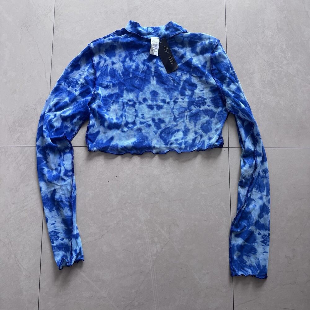 NWT Posh By V Blue Tie Dye Mesh Crop Top Long Sleeve Size L Top Only